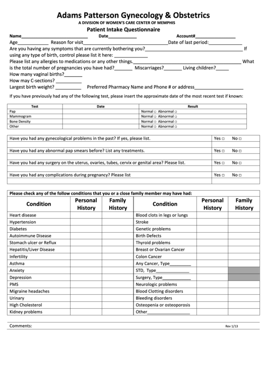 Patient Intake Questionnaire Template - Gynecology & Obstetrics Printable pdf