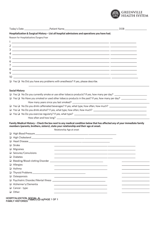 Hospitalization & Surgical History Form Printable pdf