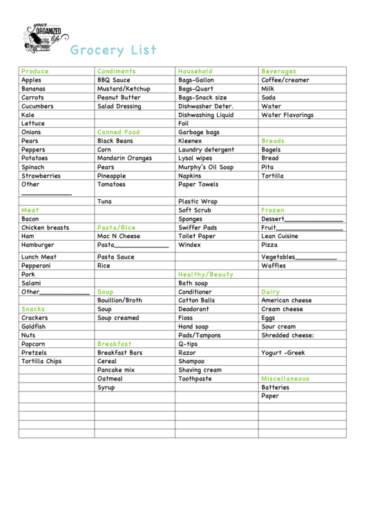 Grocery List Template (Sample) Printable pdf