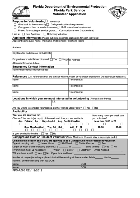 Fillable Fps-A065 - Florida Department Of Environmental Protection Volunteer Application Printable pdf