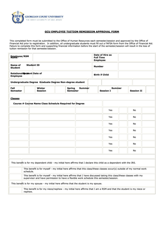 Gcu Employee Tuition Remission Approval Form Printable pdf