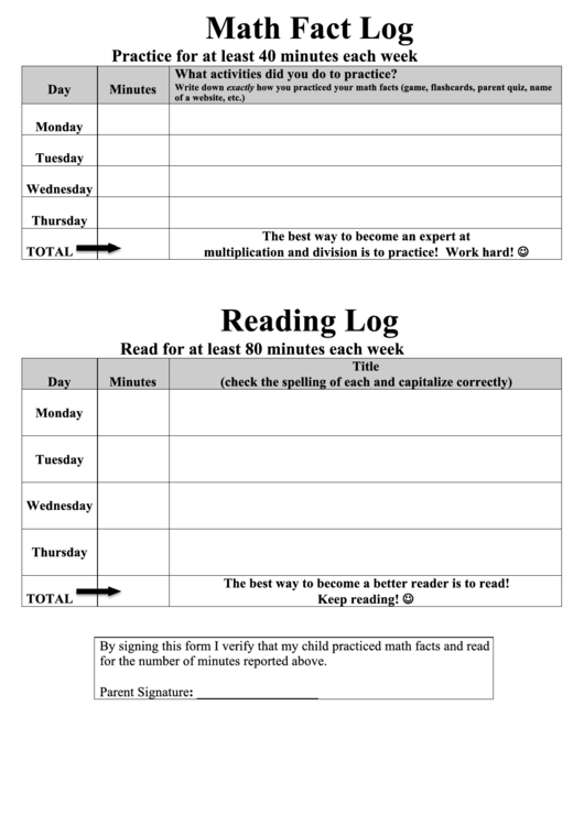 Homework Log - Reading And Math Facts Printable pdf