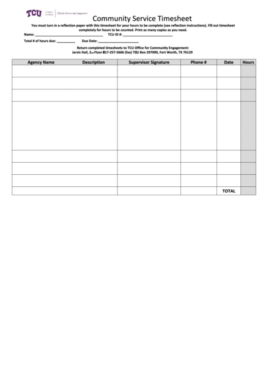 Community Service Timesheet - Office For Community Engagement Printable pdf