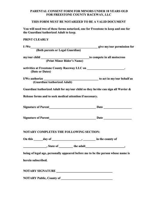 Parental Consent Form For Minors Under 18 Years Old Printable pdf
