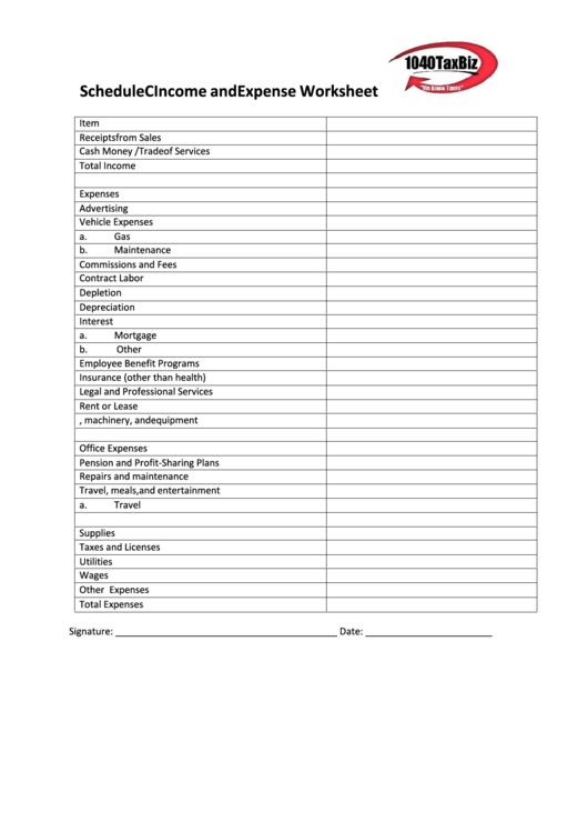 Schedule C Income And Expense Worksheet Printable pdf