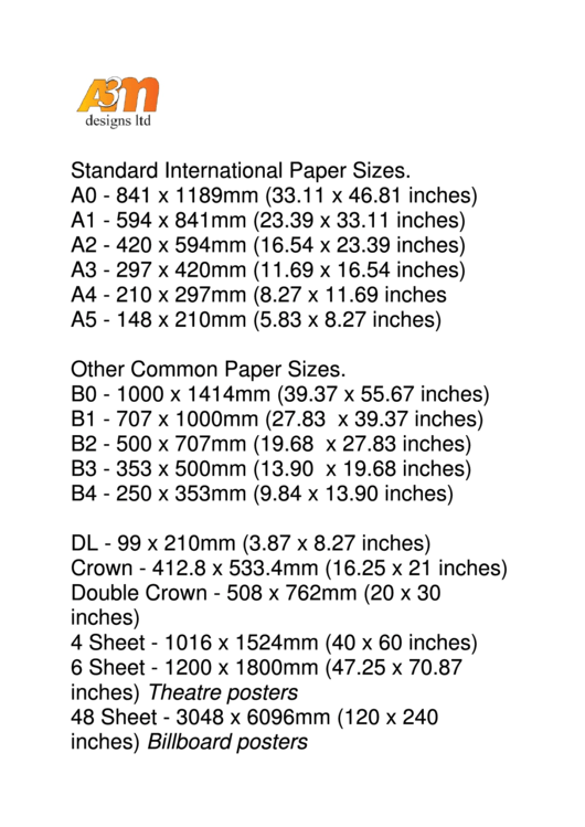 Standard International Paper Sizes Chart Printable pdf