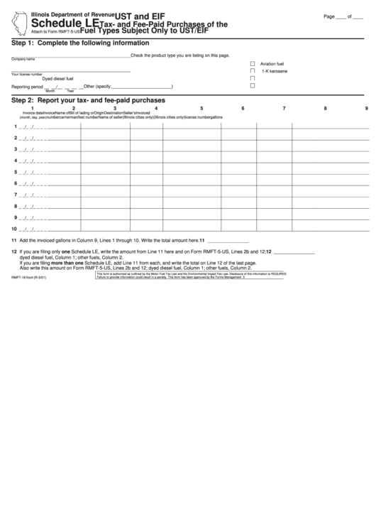 Form Rmft-18 - Schedule Le - Ust And Eif Tax And Fee-Paid Purchases - Illinois Department Of Revenue Printable pdf