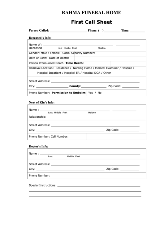Funeral First Call Sheet - Rahma Funeral Home Printable pdf