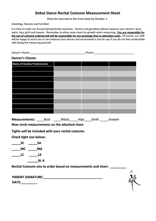 Debut Dance Recital Costume Measurement Sheet Printable pdf