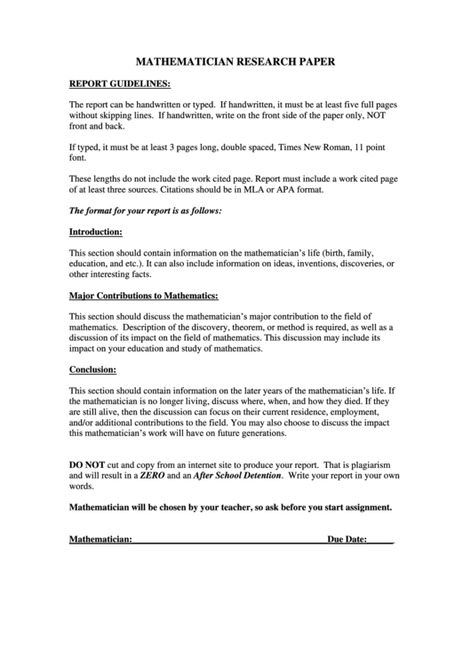 Mathematician Research Paper - Marysville Schools Home Printable pdf