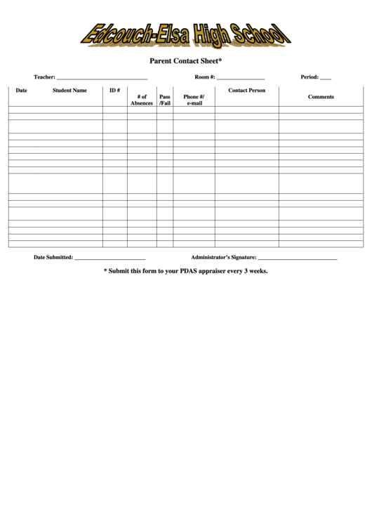 Parent Contact Sheet - Edcouch-Elsa High School Printable pdf