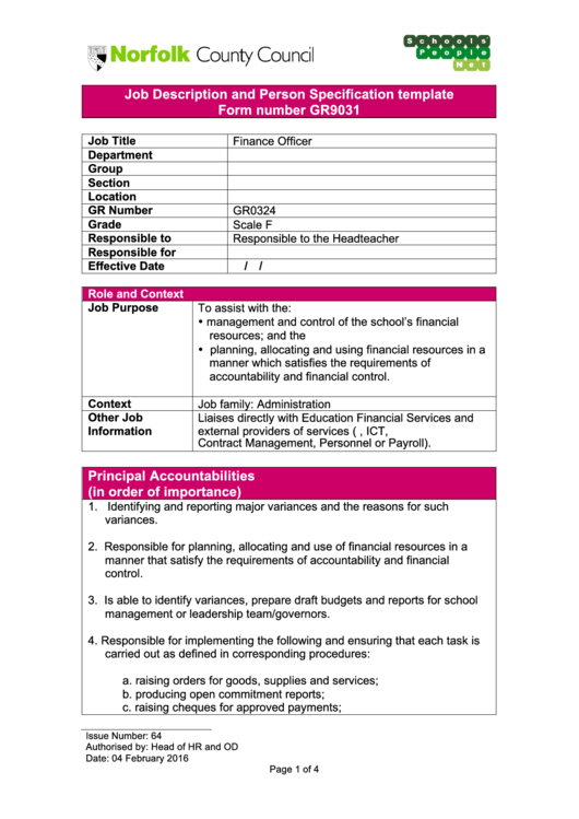 Finance Officer Job Description And Person Specification Template Printable pdf