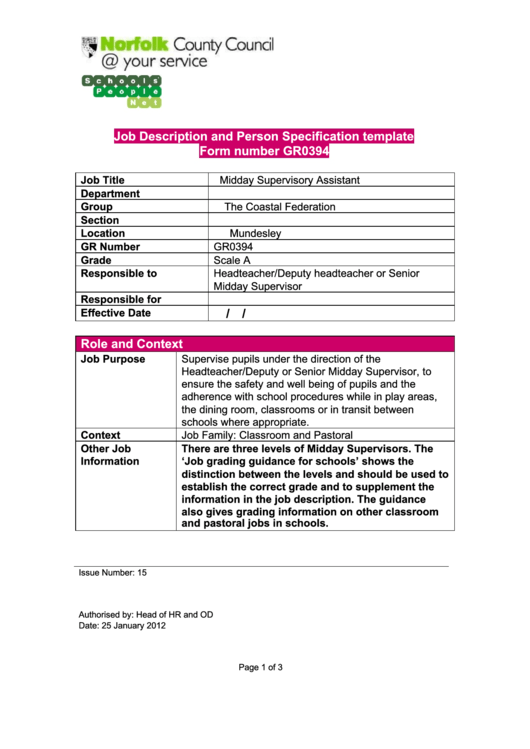 Midday Supervisory Assistant Job Description And Person Specification Printable pdf