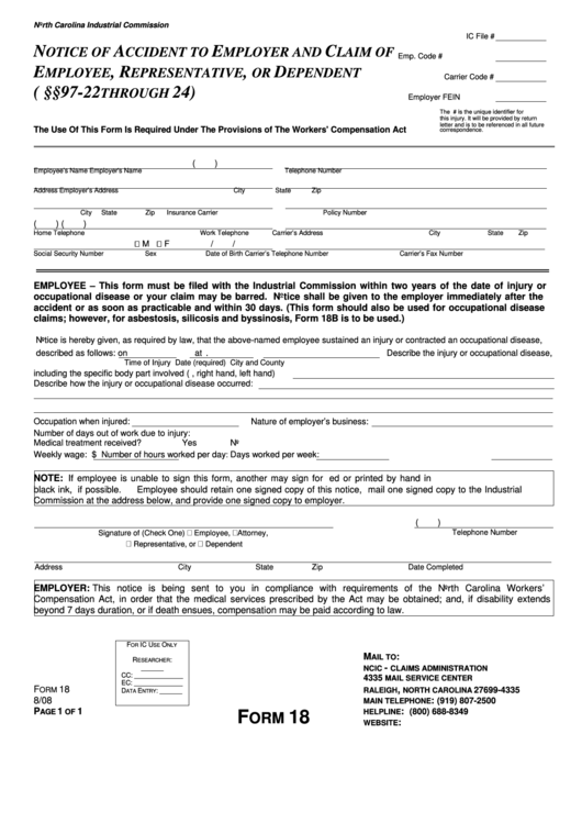 Fillable Form 18 - Notice Of Accident To Employer And Claim Of Employee, Representative, Or Dependent Printable pdf