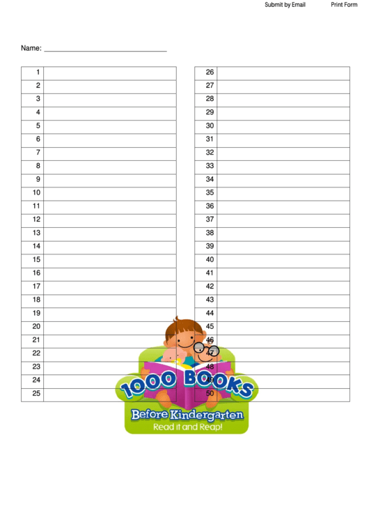 Fillable Reading Log Sheet Template - 1-100 - 1000 Books Before Kindergarten Printable pdf