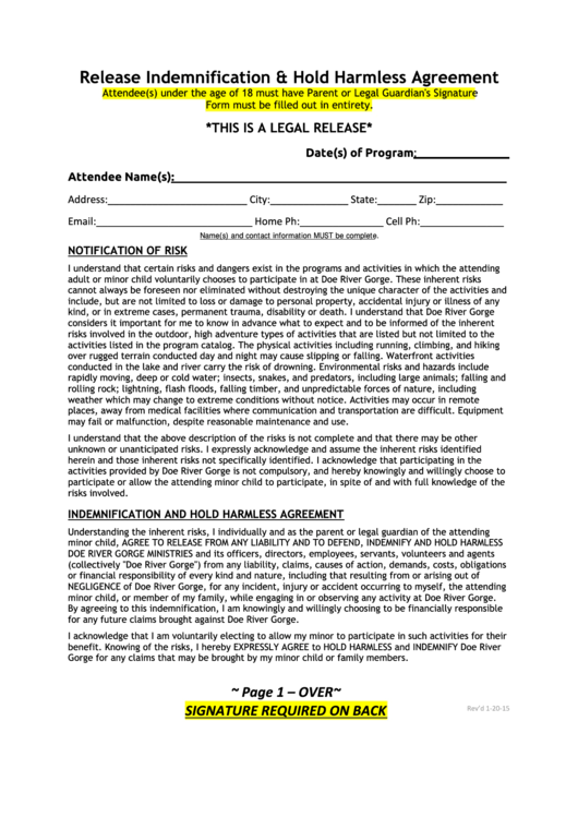 Release Indemnification & Hold Harmless Agreement Template Printable pdf