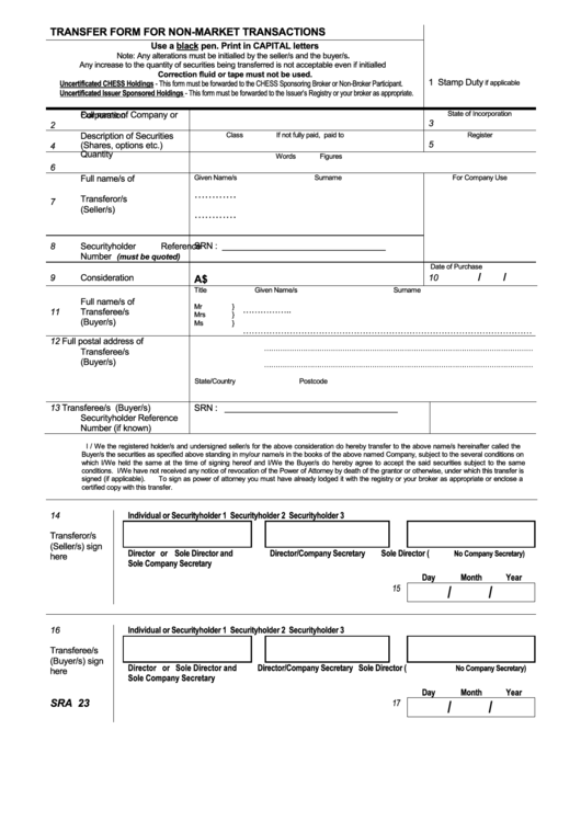 Fillable Sra 23 - Transfer Form For Non-Market Transactions Printable pdf