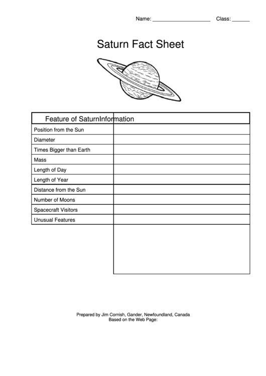 Saturn Fact Sheet Template Printable pdf