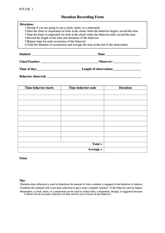 Duration Recording Form Template Printable pdf