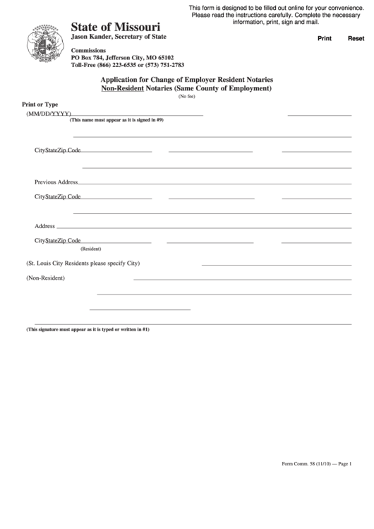 Fillable Form Comm. 58 - Application For Change Of Employer Resident Notaries Printable pdf