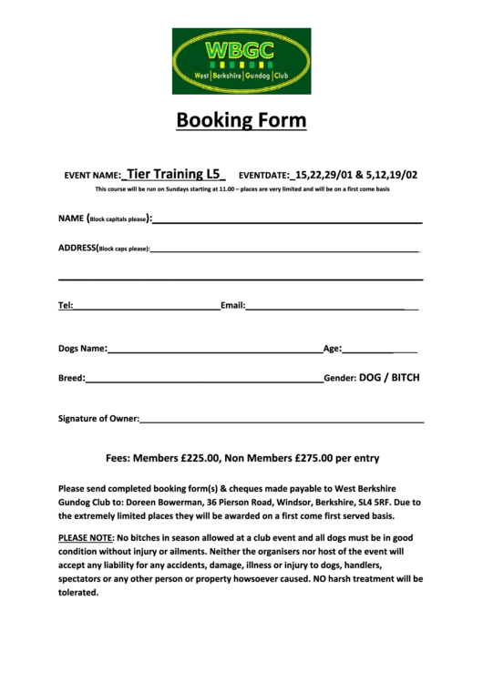 Booking Form - West Berkshire Gundog Club Printable pdf