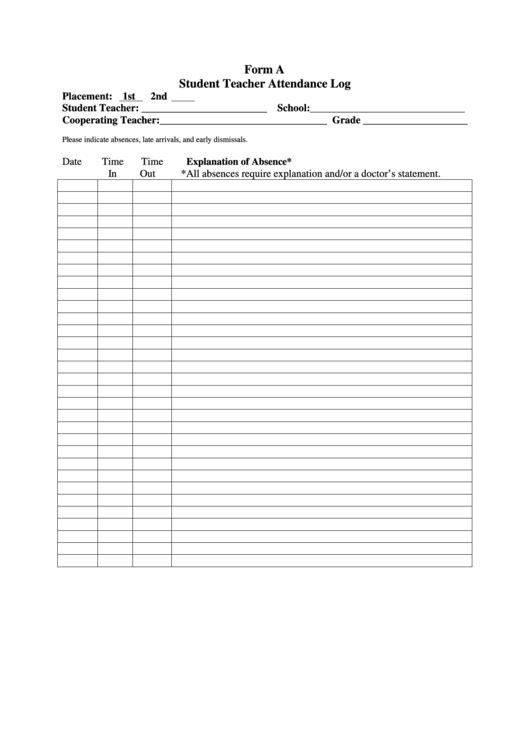Fillable Student Teacher Attendance Log Printable pdf