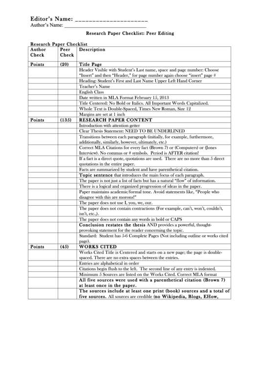 Research Paper Peer Editing Checklist