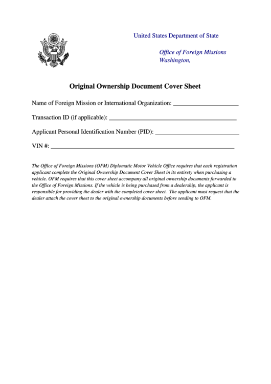 Original Ownership Document Cover Sheet - Us Department Of State Printable pdf