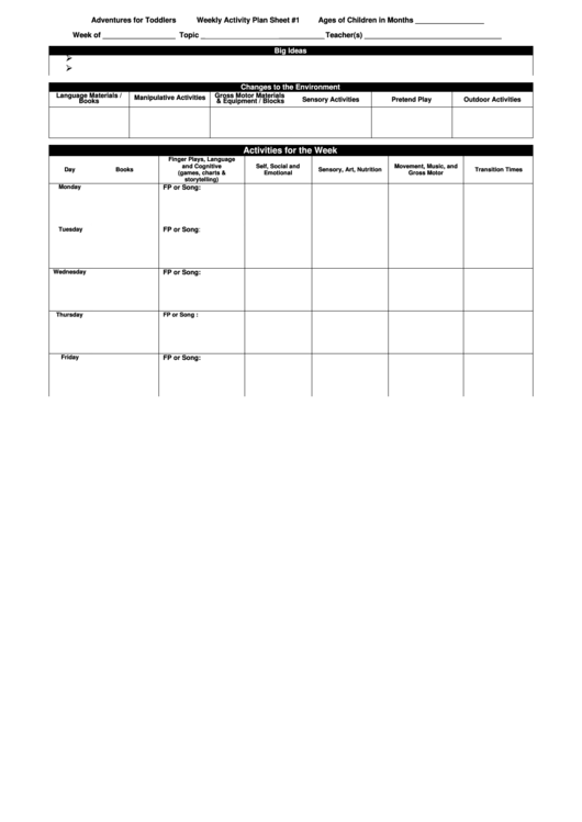 Weekly Activity Plan Sheet Template Printable pdf