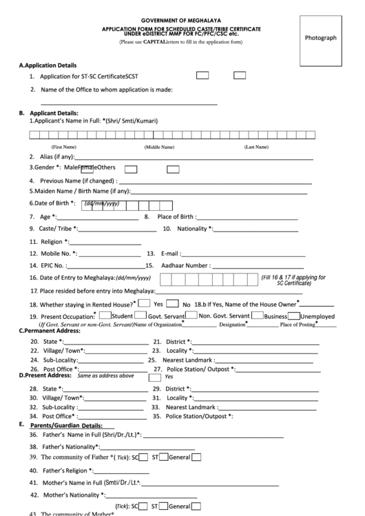 Application Form For Scheduled Caste And Scheduled Tribe Certificate Printable pdf