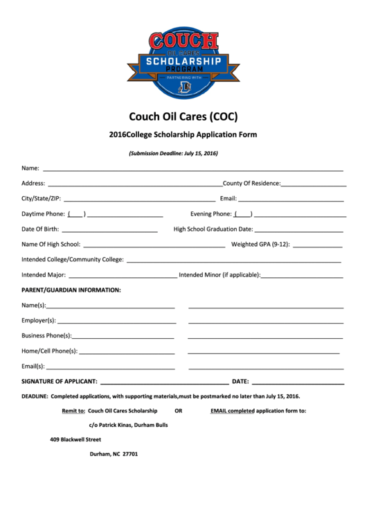 Couch Oil Cares - College Scholarship Application Form Printable pdf