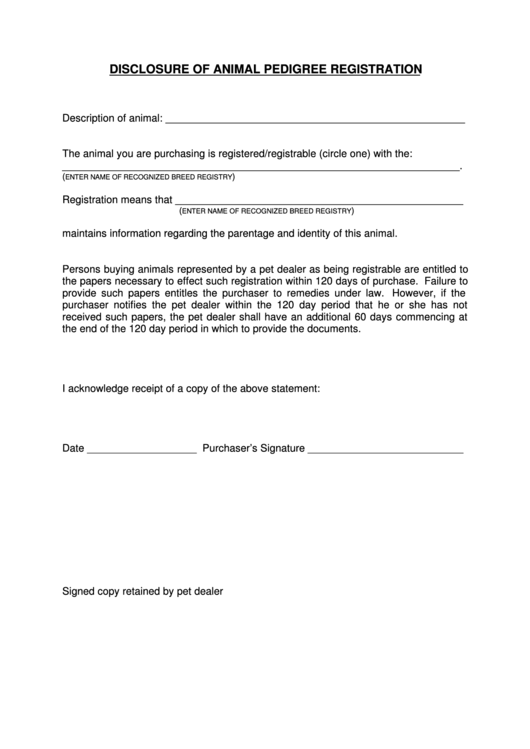 Disclosure Of Animal Pedigree Registration Printable pdf