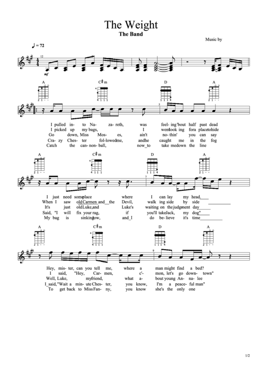 The Weight - The Band. Music By J. R. Robertson Chords Notes Printable pdf