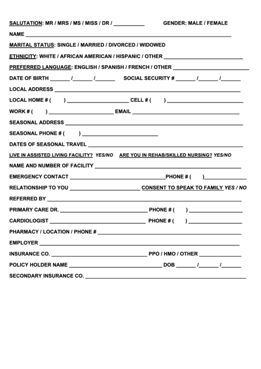 Demographic Sheet - Retina Care Specialists Printable pdf