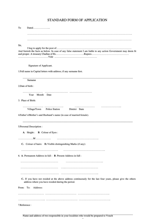 Standard Form Of Application - Meghalaya State Portal Printable pdf
