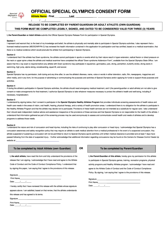 Official Special Olympics Consent Form Printable pdf