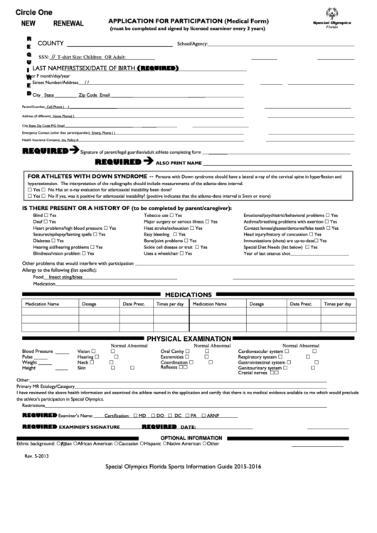 Application For Participation (Medical Form) - Special Olympics - Florida Printable pdf