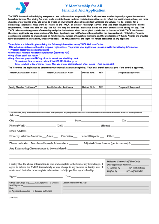 Fillable Y Membership For All Financial Aid Application Form Printable pdf
