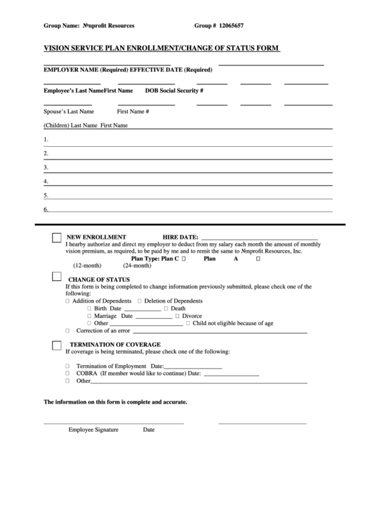 Vision Service Plan Enrollment/change Of Status Form Printable pdf