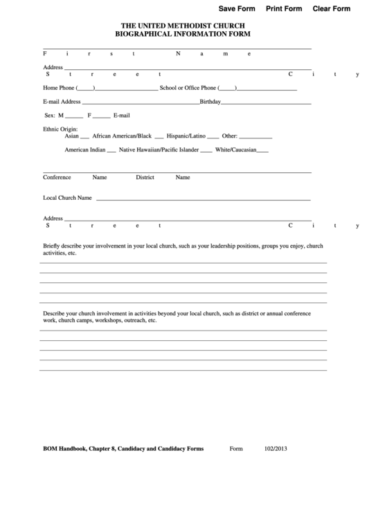 Fillable The United Methodist Church Biographical Information Form Printable pdf