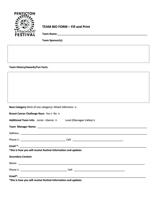 Blank Team Bio Form Printable pdf