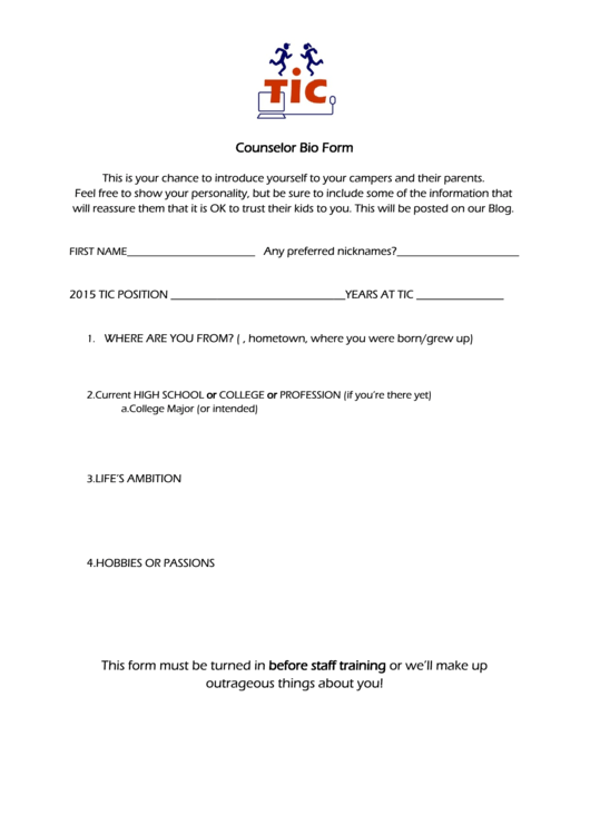 Counselor Bio Form Printable pdf