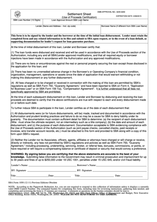 Fillable Sba Form 1050 - Settlement Sheet Printable pdf