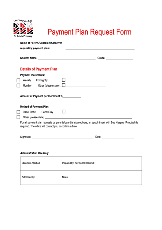 Payment Plan Request Form Printable pdf