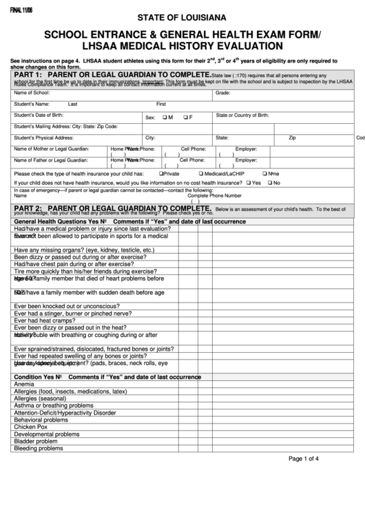 School Entrance & General Health Exam Form/ Lhsaa Medical History Evaluation - Louisiana Printable pdf