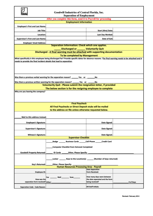Fillable Separation Of Employment Form Printable pdf
