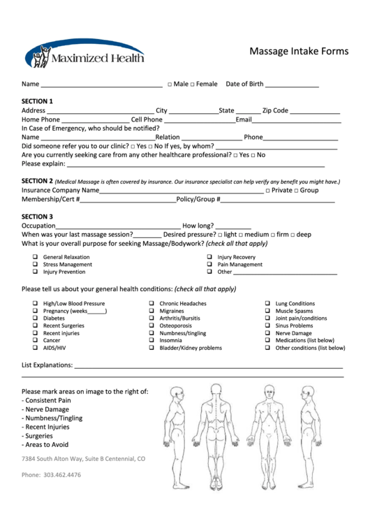 Massage Intake Forms - Maximized Health Chiropractic Printable pdf