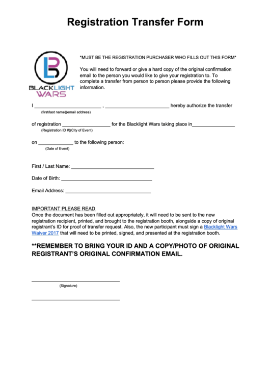 Registration Transfer Form Printable pdf