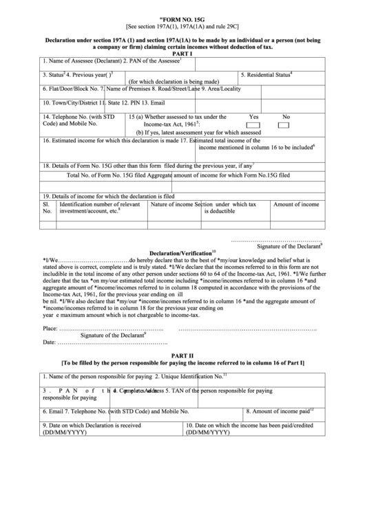 Form 15g - Declaration Under Section 197a (1) And Section 197a(1a) Printable pdf