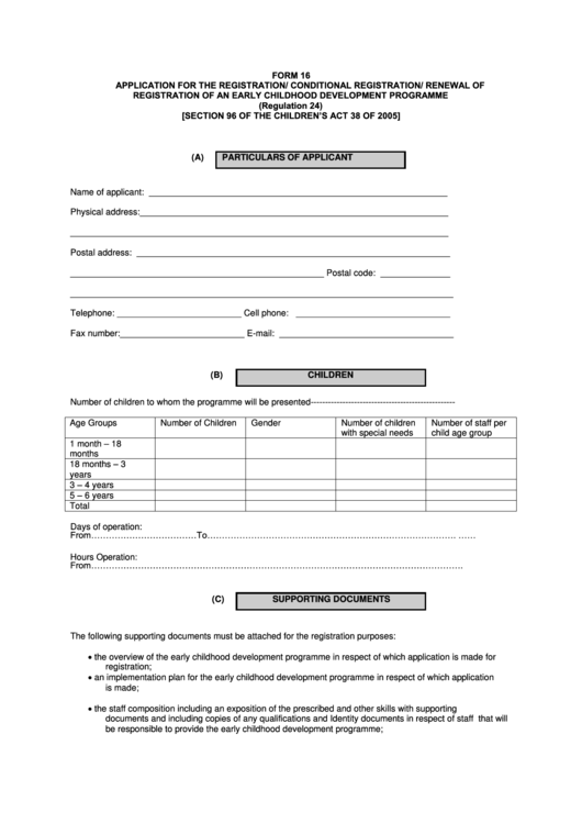 Form 16 Application For The Registration/ Conditional Registration/ Renewal Of Registration Of An Early Childhood Development Programme Printable pdf
